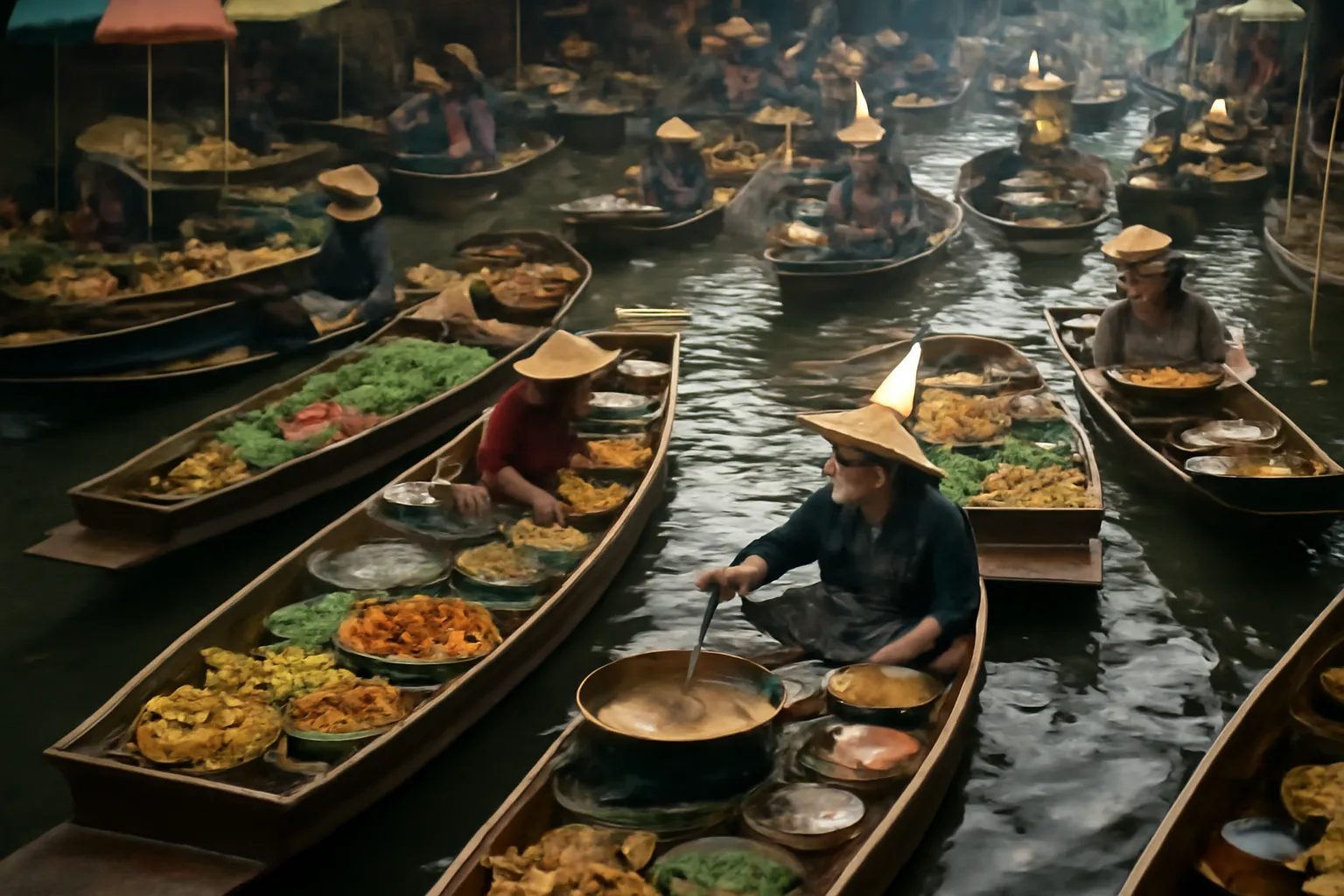 Chợ nổi trên sông với thuyền bán đồ ăn