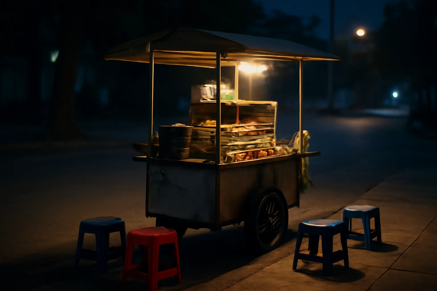 Xe đẩy bán đồ ăn đêm bên lề đường với ghế nhựa thấp