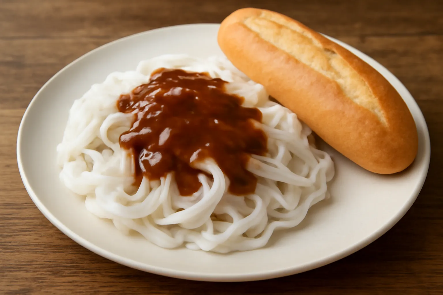 Đĩa hủ tiếu hấp rưới sốt nâu với bánh mì bên cạnh