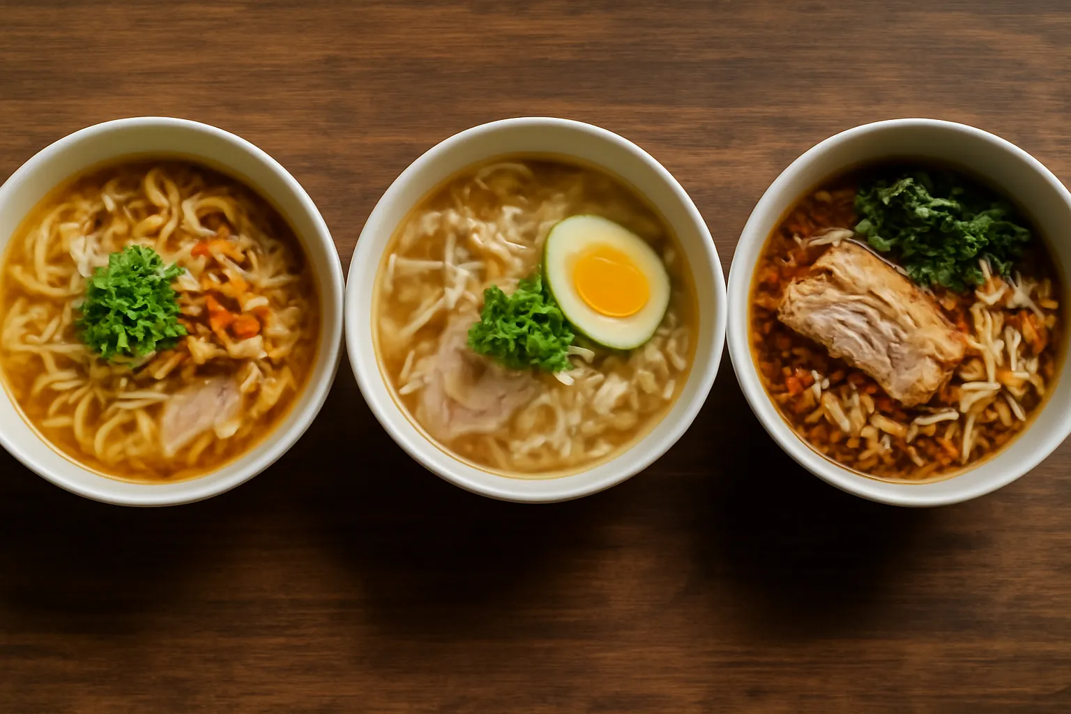 Ba tô món nước đặt cạnh nhau trên bàn gỗ