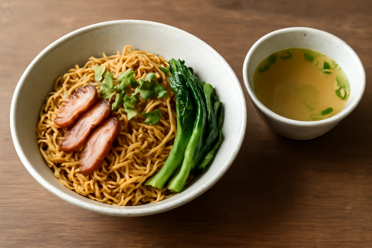 Tô hủ tiếu khô trộn sốt với chén nước dùng bên cạnh