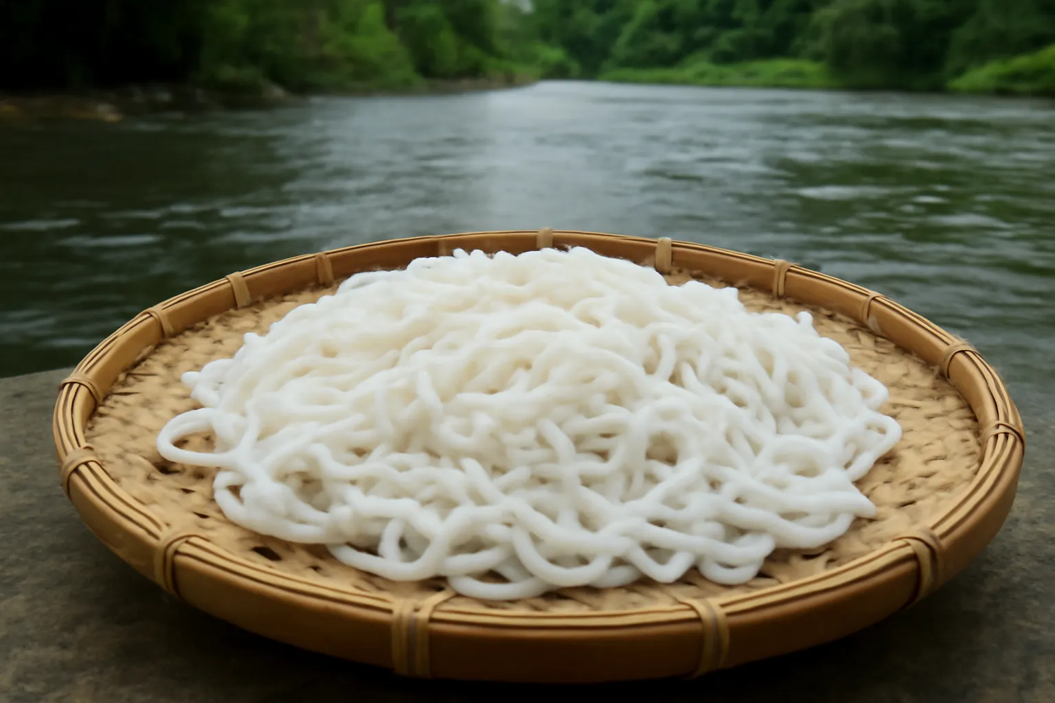Sợi hủ tiếu trắng đục bày trên mẹt tre bên bờ sông