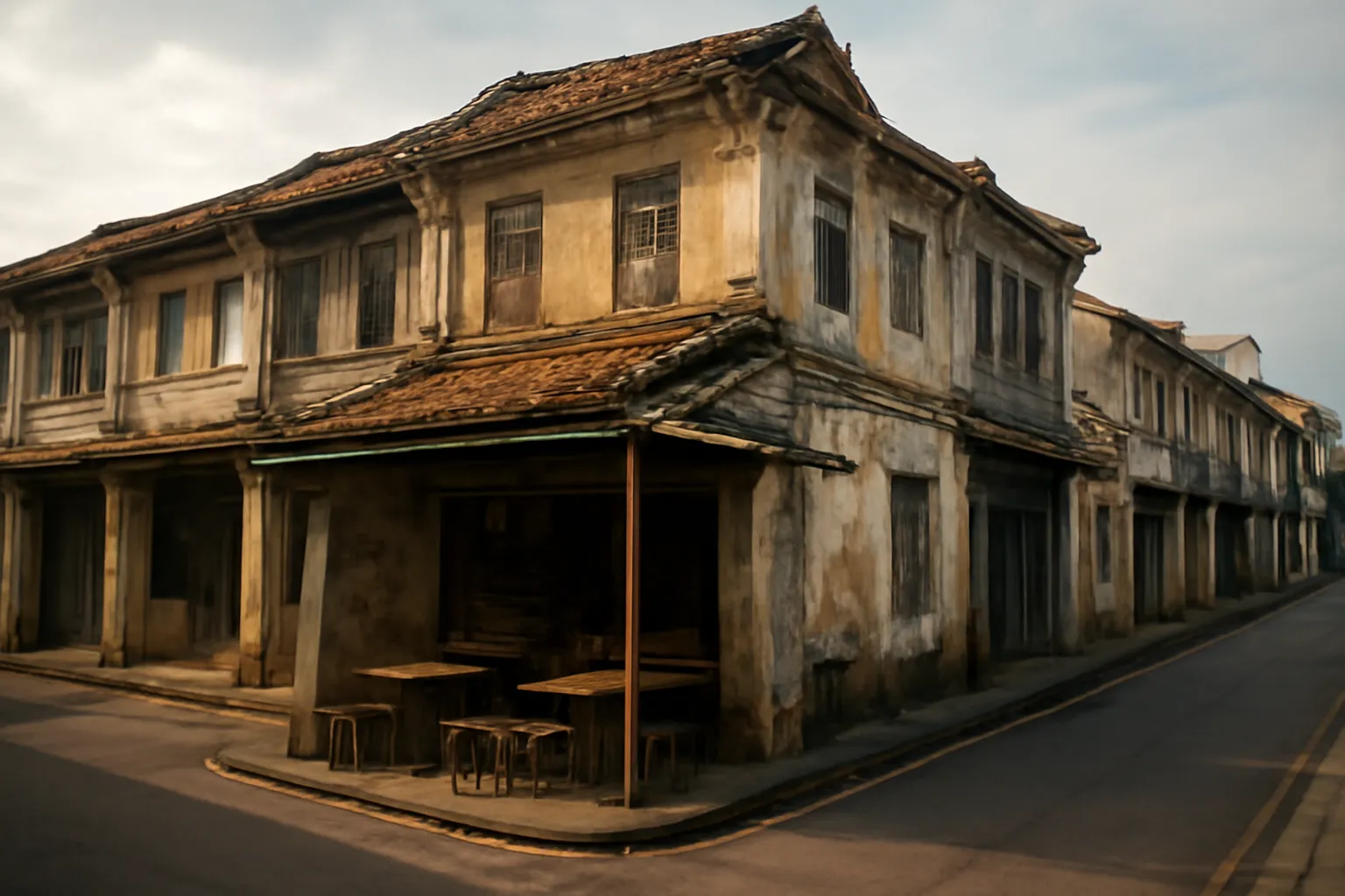 Phố cũ với dãy nhà mái ngói và quán ăn nhỏ