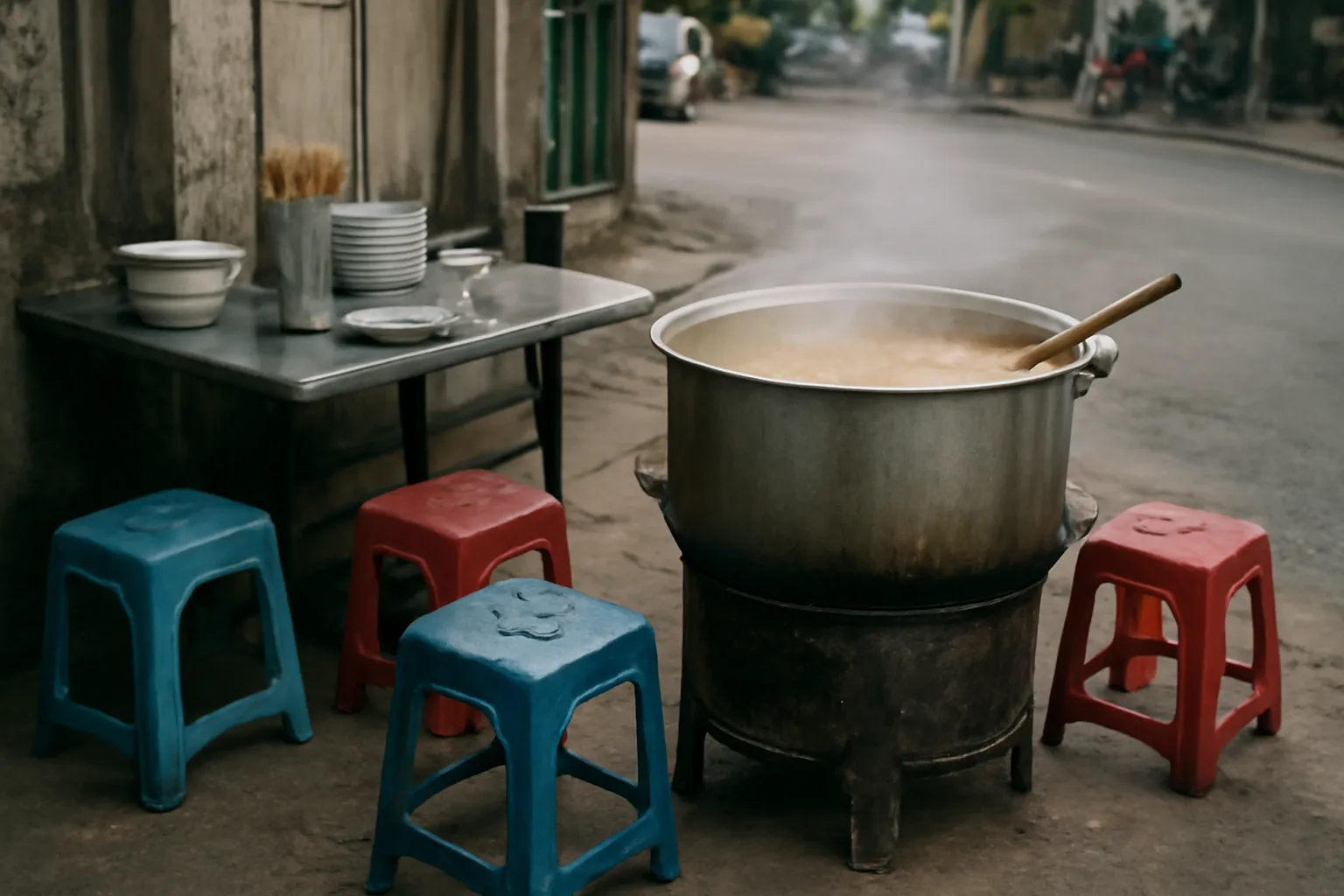 Quán ăn vỉa hè với nồi nước dùng lớn và ghế nhựa