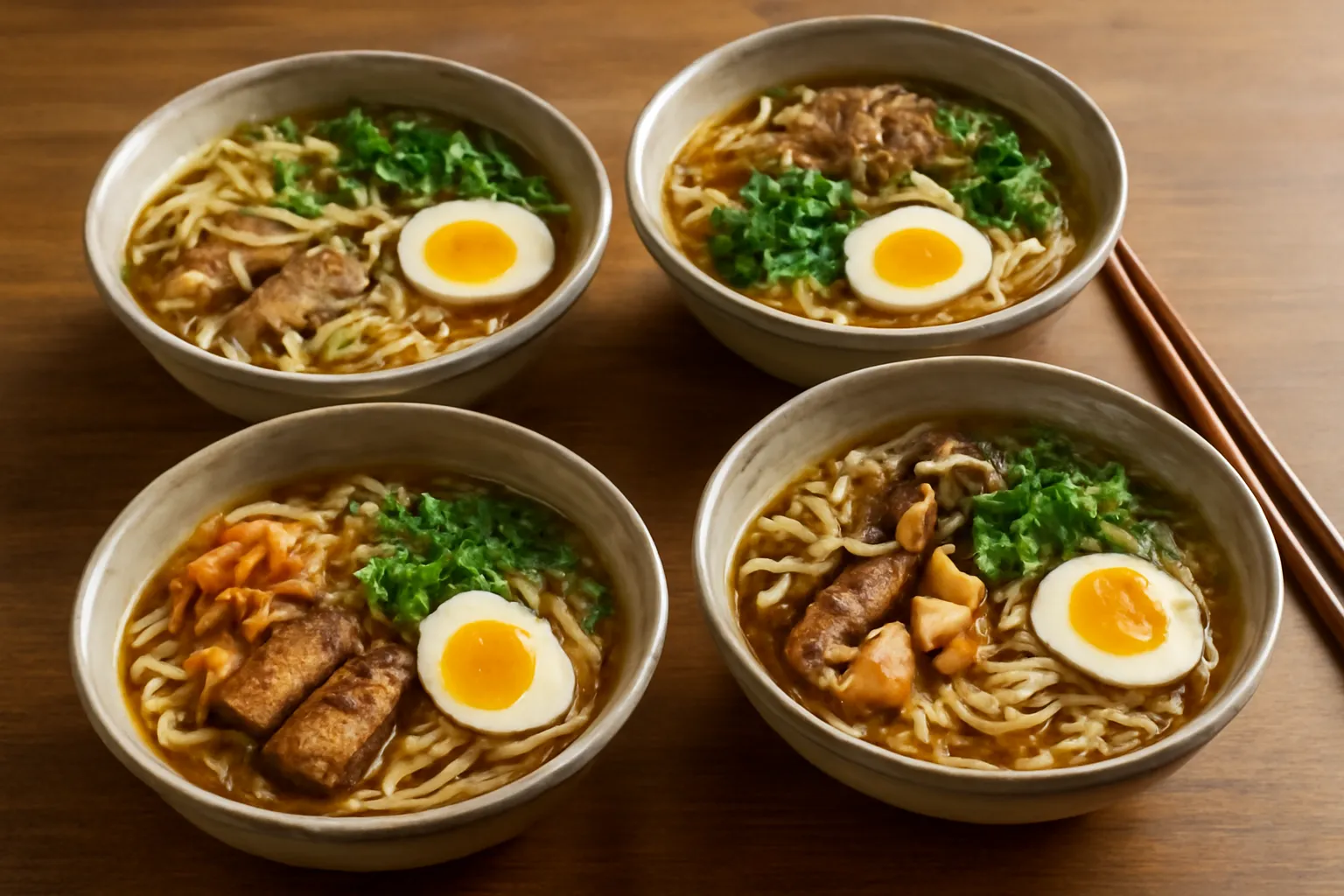 Bốn tô hủ tiếu đầy đồ bày trên bàn ăn