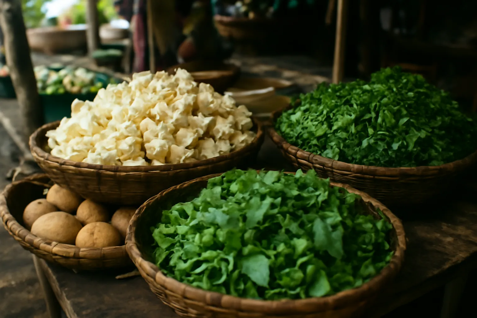 Sạp chợ miền Tây với củ sắn, bông và rau đồng